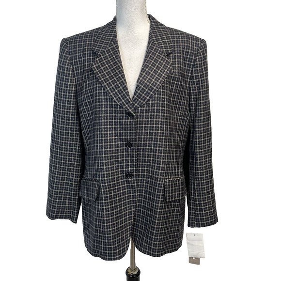 Vintage Jones New York Blazer Jacket size 16 Navy Blue Taupe Plaid 90's Y2K - Picture 1 of 8